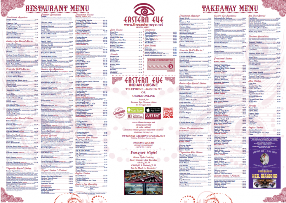Menu Eastern Eye Indian Restaurant and Takeaway Newton Abbot
